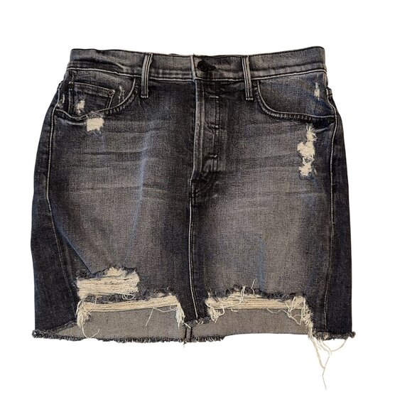 MOTHER The Vagabond Mini Fray Troublemaker Next Door Black Jean Skirt Women's 26